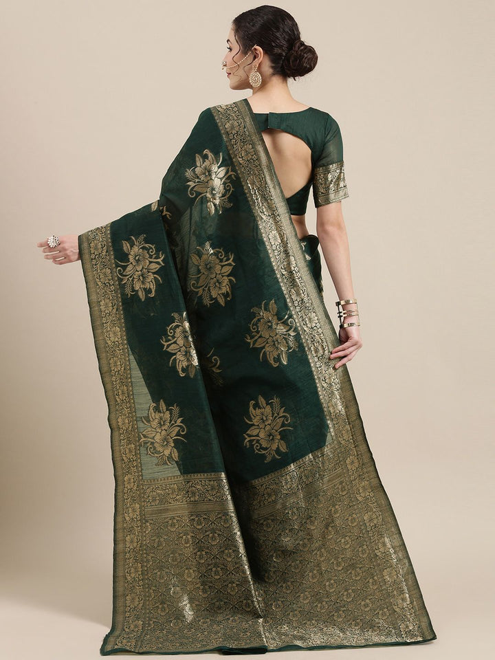 Saree mall Green Floral Linen Blend Banarasi Saree