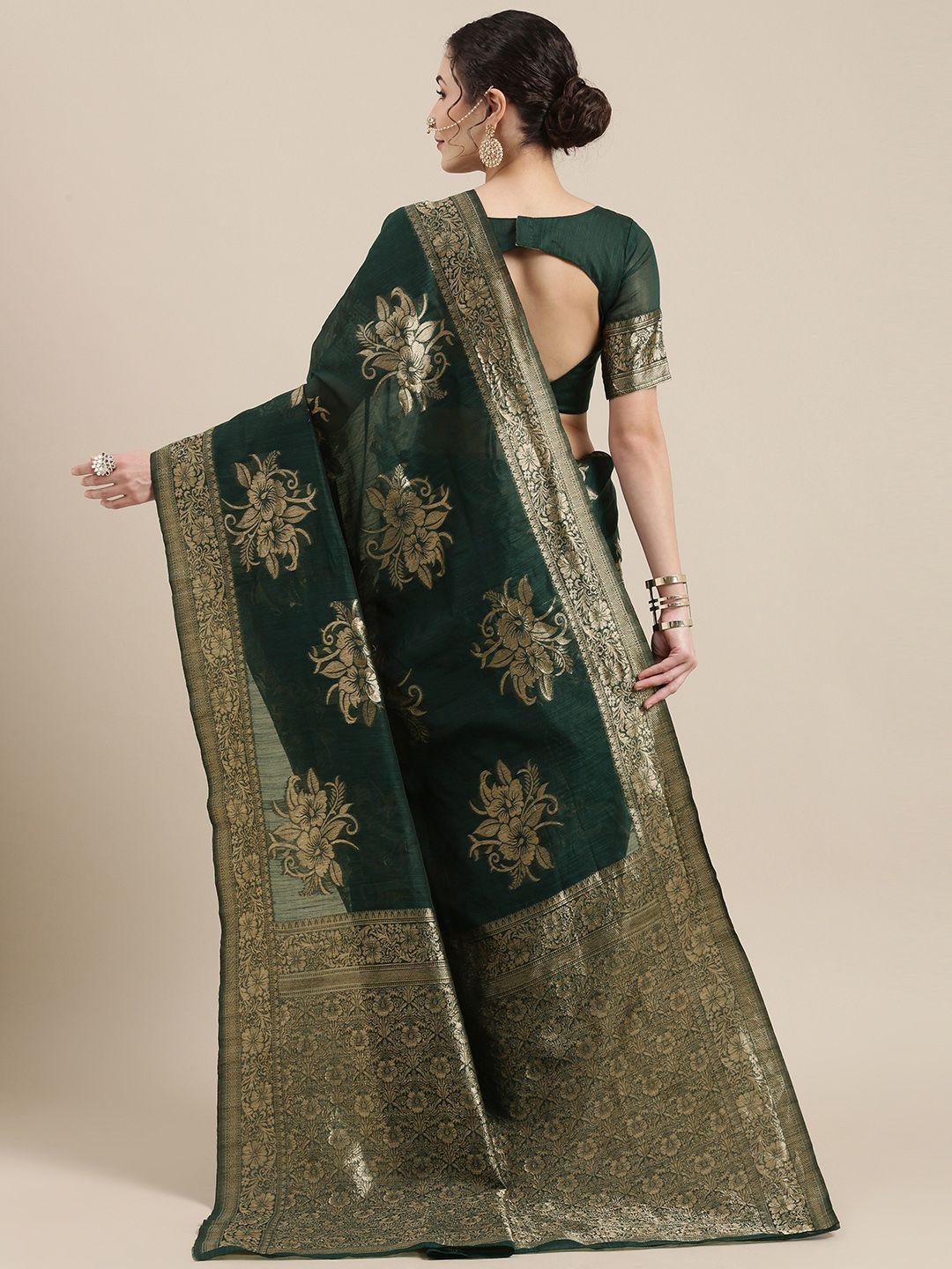 Saree mall Green Floral Linen Blend Banarasi Saree