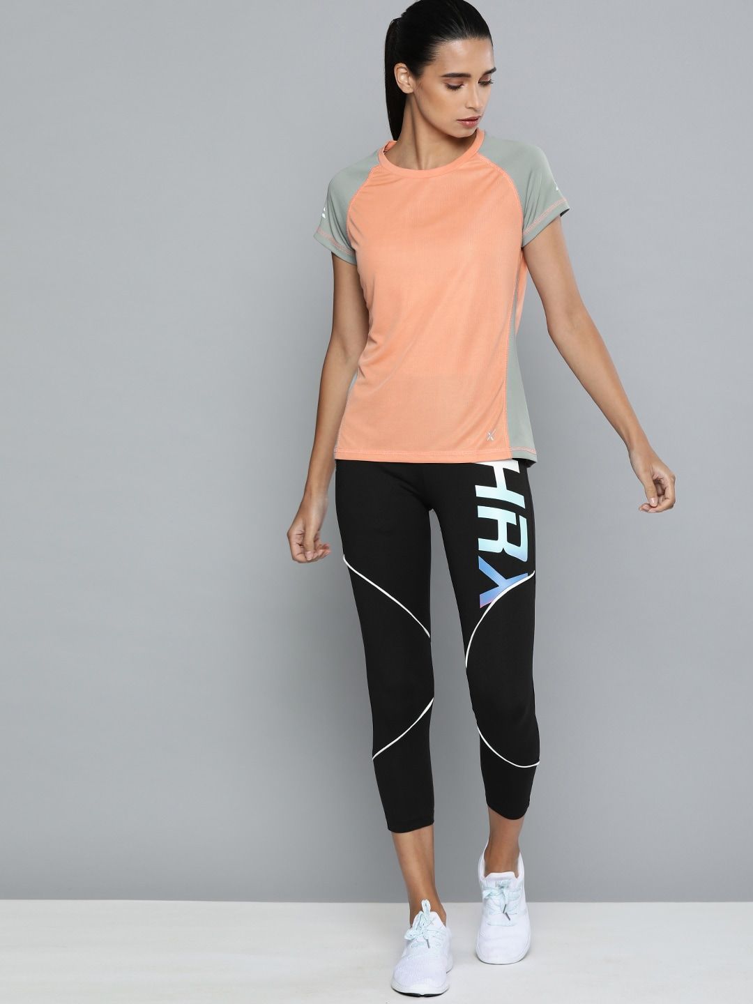HRX by Hrithik Roshan Women Peach-Coloured Colourblocked Round Neck T-shirt