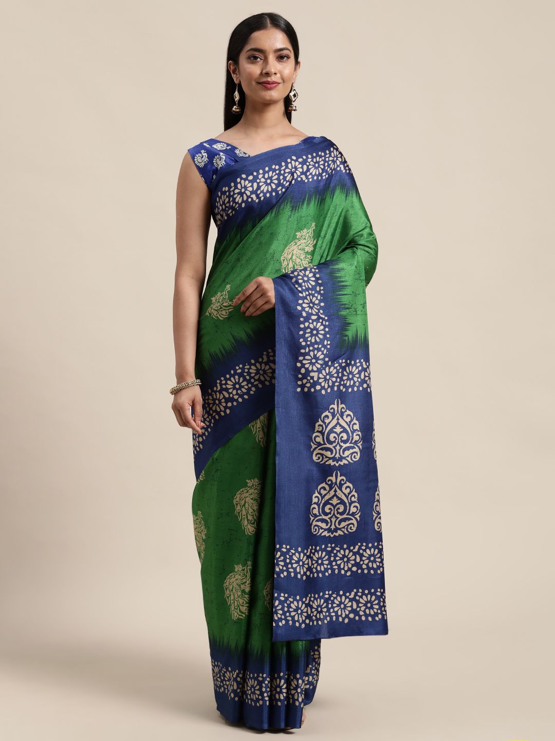 Saree mall Green & Off White Ethnic Motifs Printed Art Silk Sarees