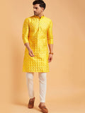 SOJANYA Mandarin Collar Geometric Embroidered Thread Work Silk Cotton Kurta