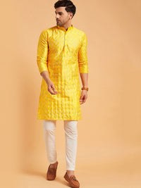 SOJANYA Mandarin Collar Geometric Embroidered Thread Work Silk Cotton Kurta
