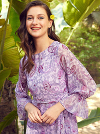 STREET 9 Lavender Floral Printed Puff Sleeves Tiered Maxi Dress With Belt