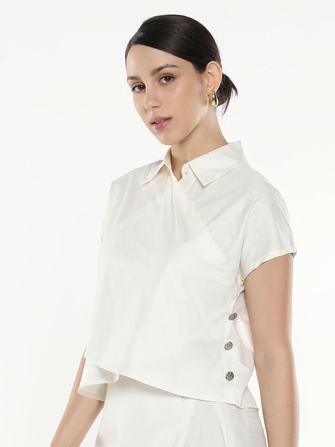RAREISM Solid Cotton Shirt Collar Top