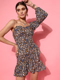 STREET 9 Women Black Floral Print One Shoulder Crepe Blouson Dress