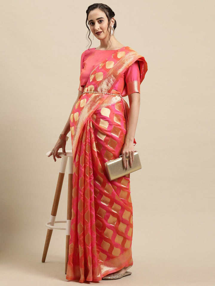 Saree mall Peach-Coloured & Gold-Toned Woven Design Zari Silk Blend Banarasi Sarees