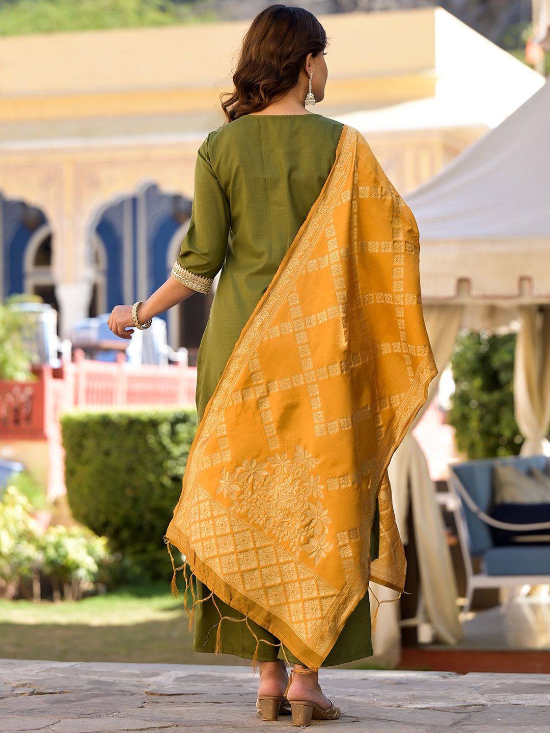 Vishudh Green & Gold Toned Round Neck Embellished Straight Kurta & Palazzos With Dupatta