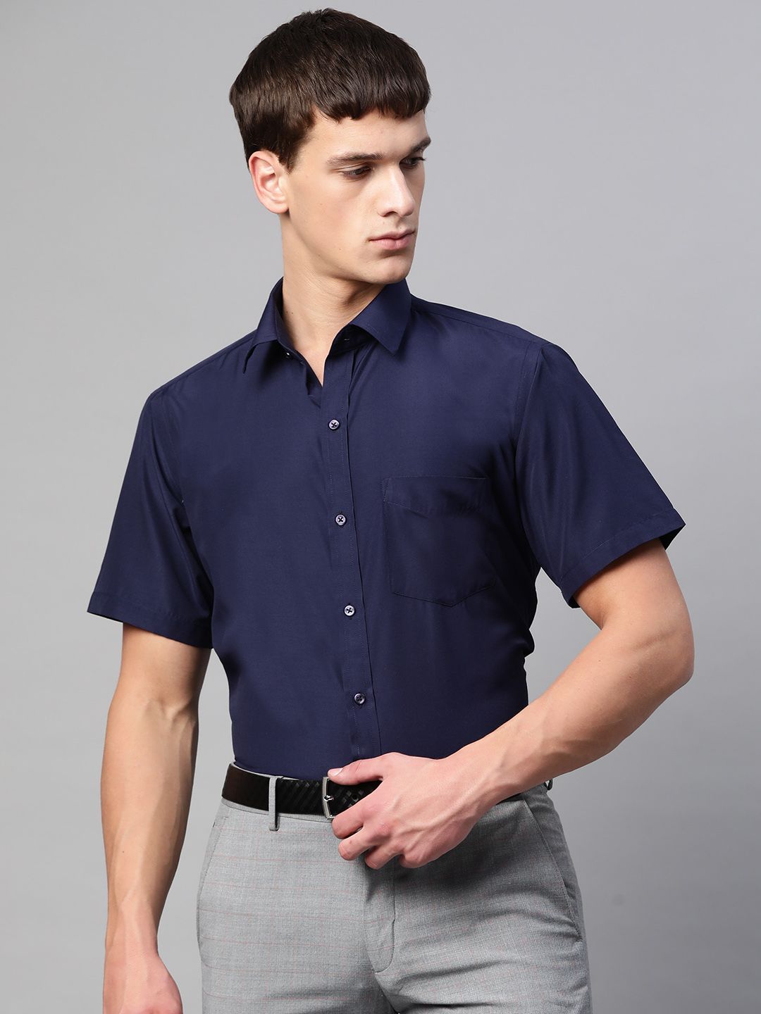 English Navy Men Navy Blue Polyester Slim Fit Solid Formal Shirt