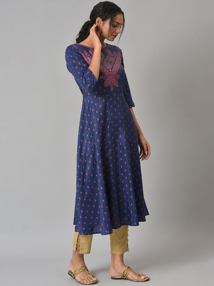 W Women Blue Ethnic Motifs Embroidered Anarkali Kurta