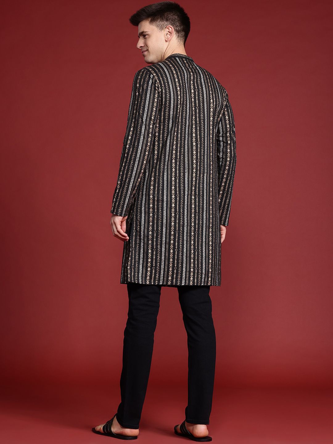 Anouk Foil Print Band Collar Kurta