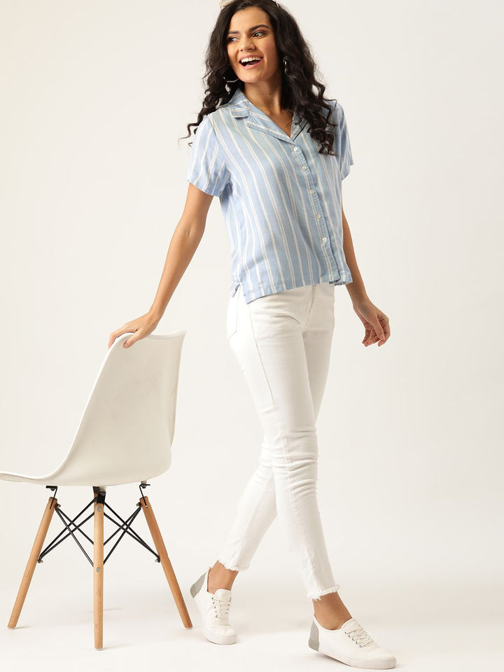 DressBerry Women Blue & Off-White Striped EcoVero Sustainable Shirt
