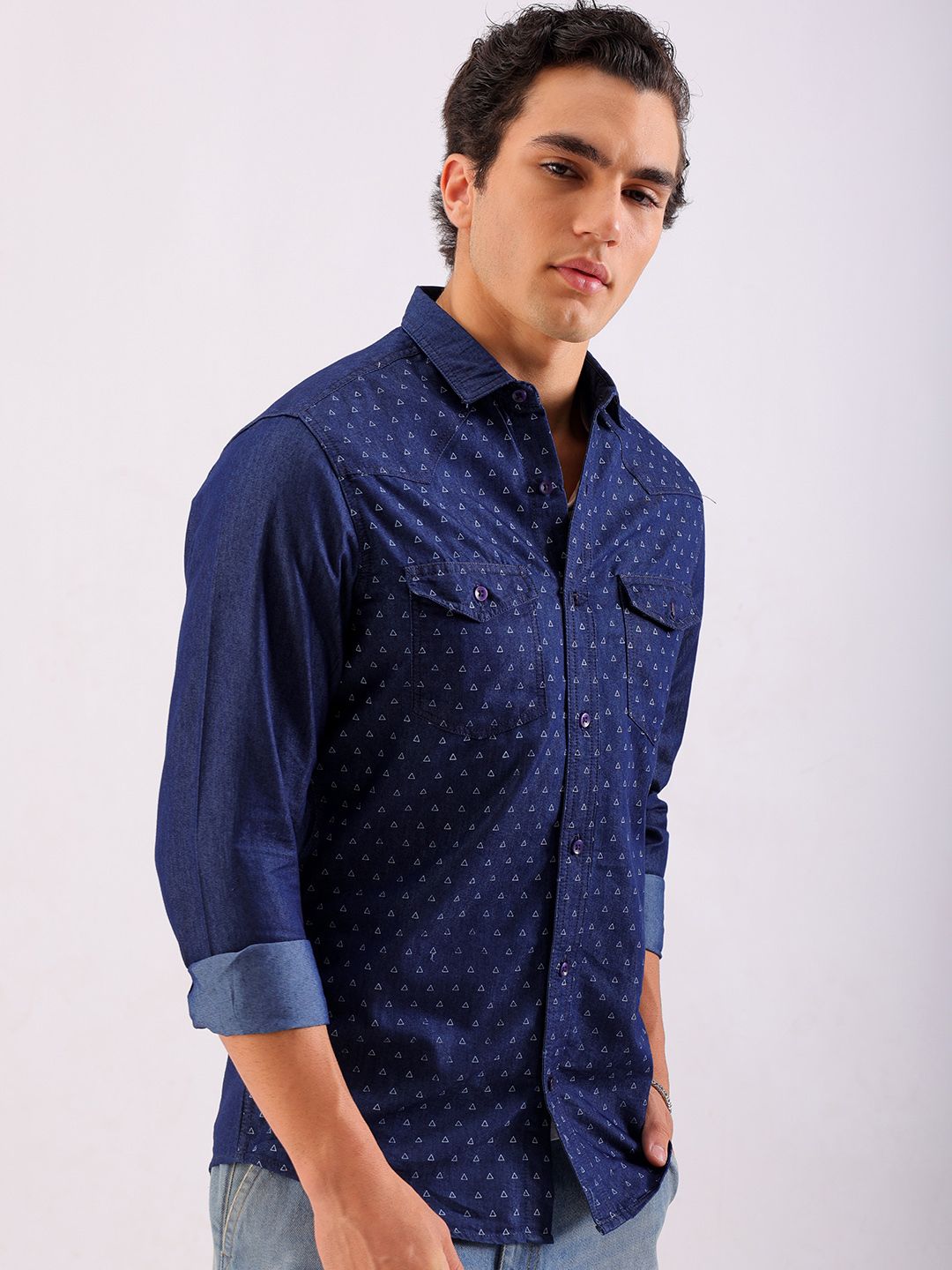 The Indian Garage Co Slim Fit Printed Cotton Casual Denim Shirt