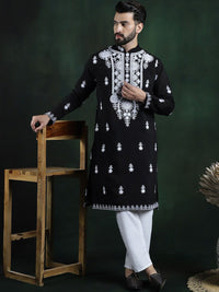 SOJANYA LUXE Ethnic Motifs Printed Mandarin Collar Thread Work Pure Cotton Straight Kurta
