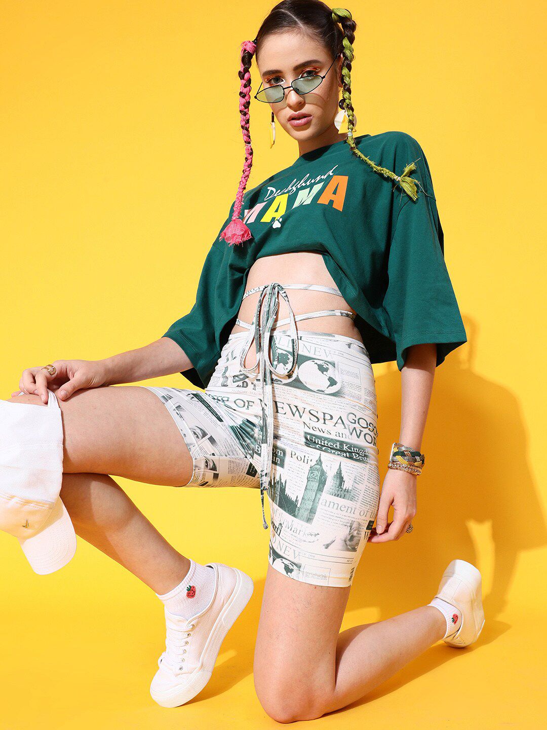 STREET 9 Women Green Printed Cotton Drop-Shoulder Sleeves Bio Finish Boxy T-shirt
