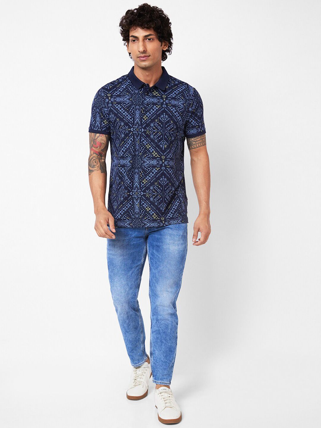 SPYKAR Geometric Printed Polo Collar Slim Fit T-shirt