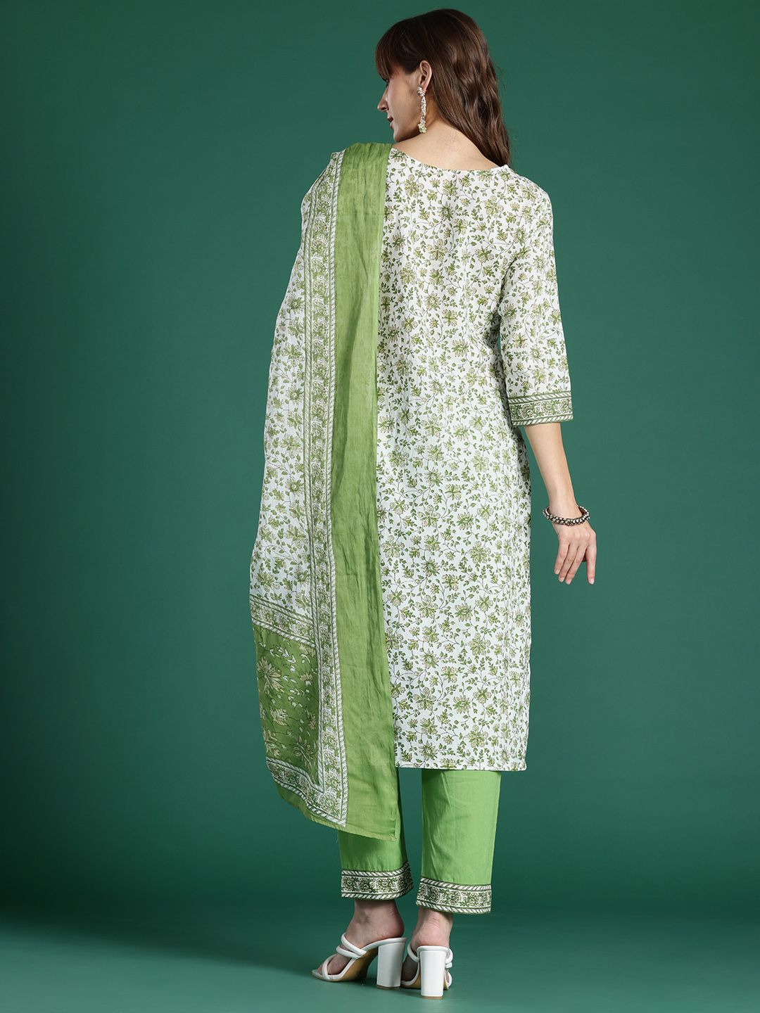 Indo Era Women Floral Printed Pure Cotton Kurta with Trousers & With Dupatta