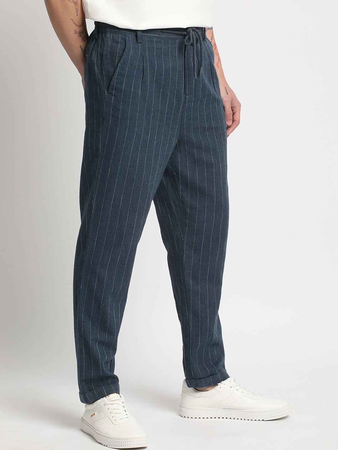THE BEAR HOUSE Men Striped Tapered Fit Pleated Trousers