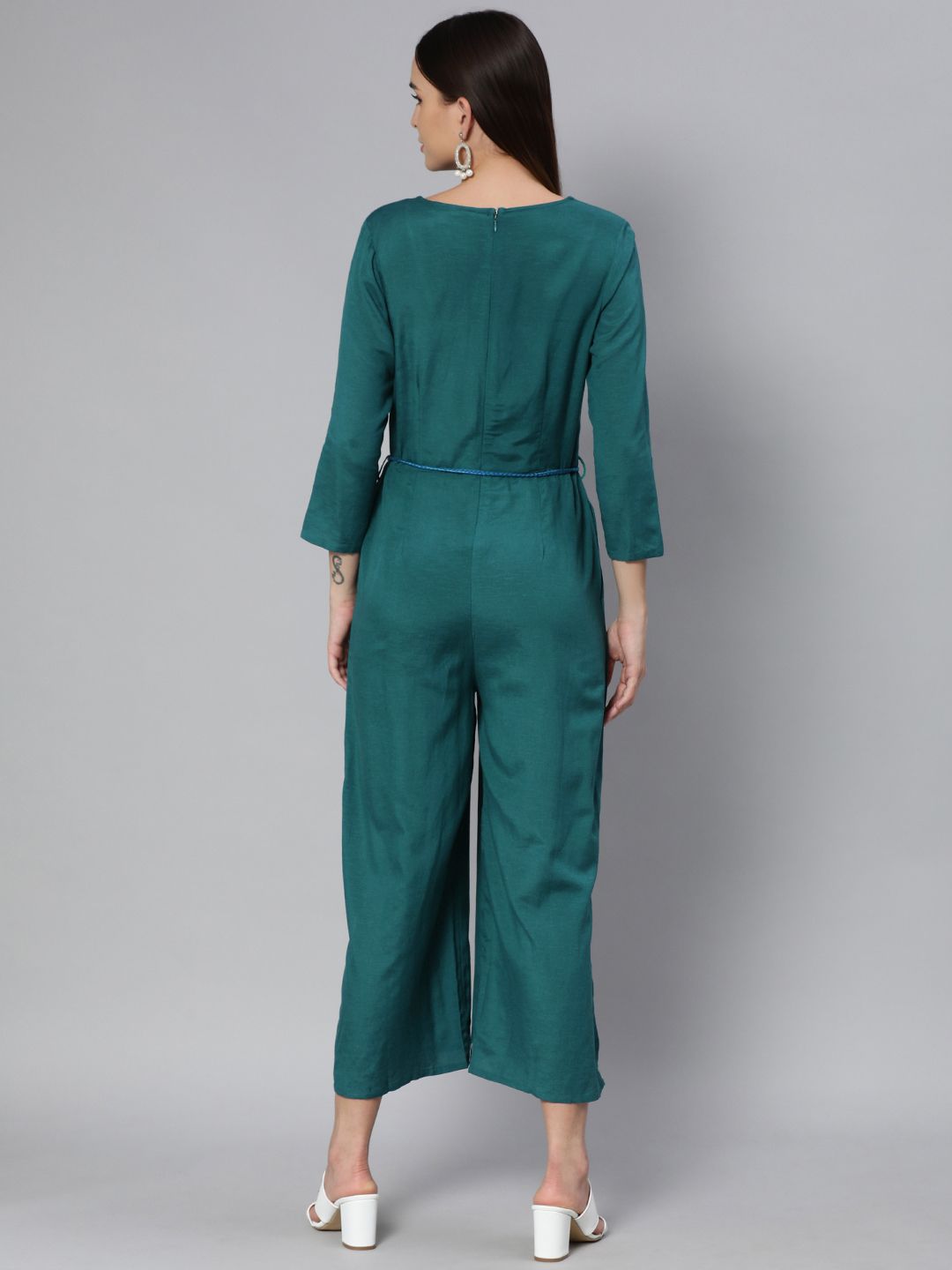 Global Desi Teal & White Embroidered Basic Jumpsuit With Waist Tie Up