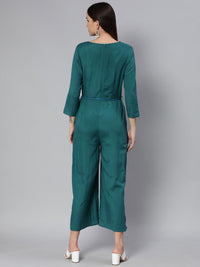 Global Desi Teal & White Embroidered Basic Jumpsuit With Waist Tie Up