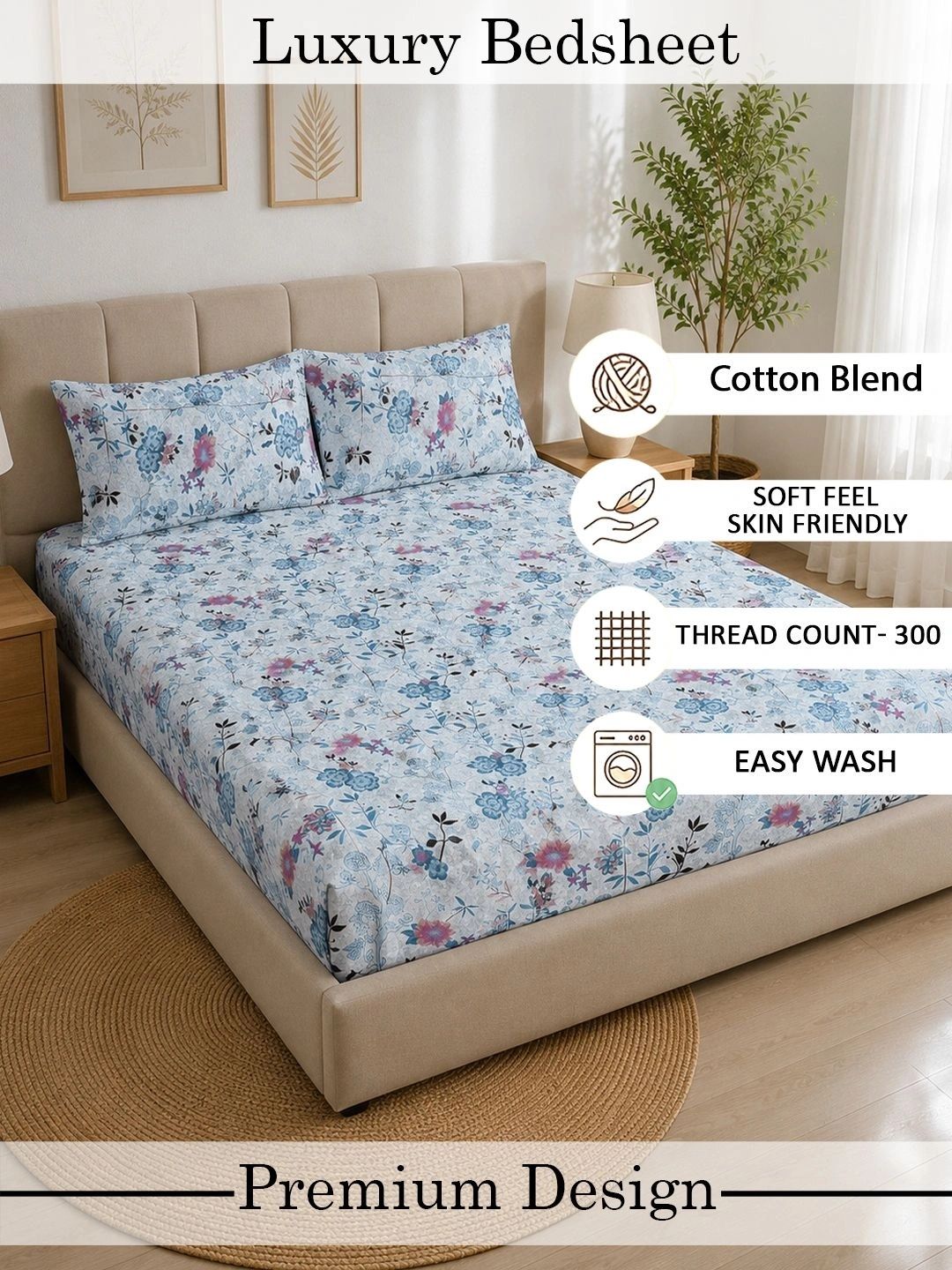 KLOTTHE Blue Floral 300 TC King Bedsheet with 2 Pillow Covers