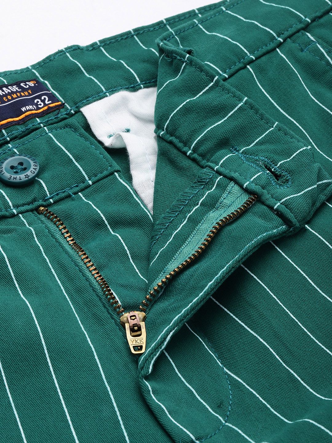 The Indian Garage Co Men Green Striped Slim Fit Chinos