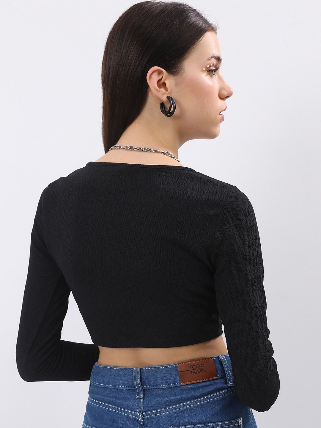 Tokyo Talkies Black Square Neck Ruched Blouson Crop Top
