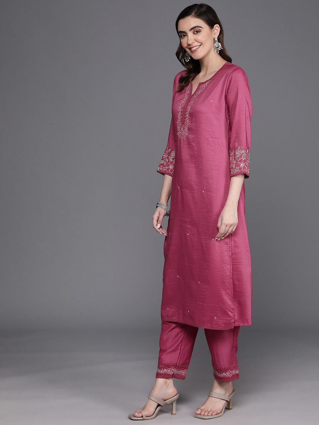 Indo Era Floral Embroidered Thread Work Kurta with Trousers & Dupatta