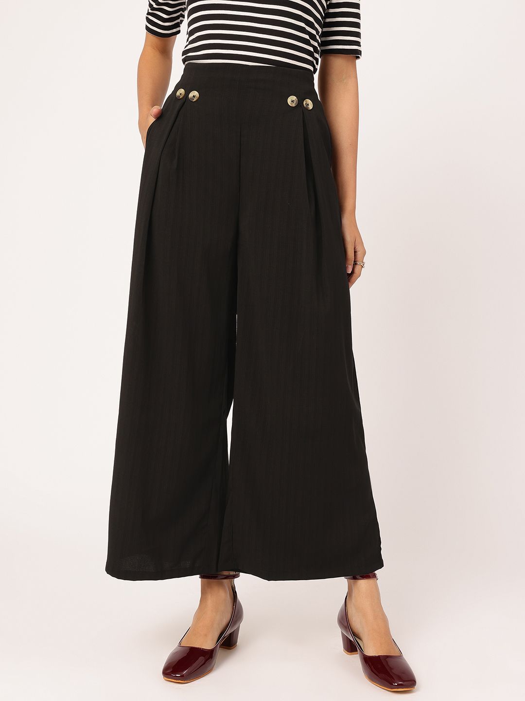 DressBerry Women Button-Detail High-Rise Pleated Flared Trousers
