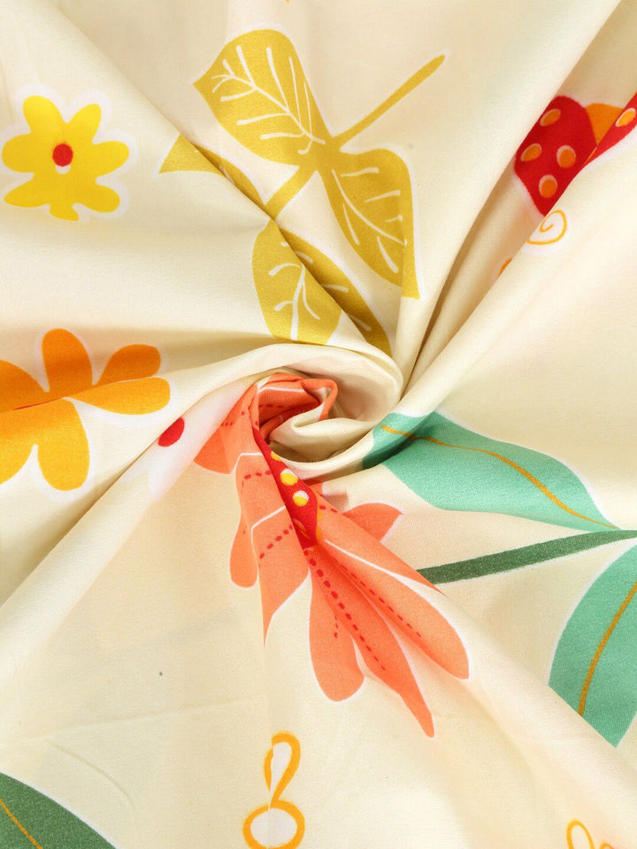 KLOTTHE White & Yellow Printed 300 TC Double King Fitted Bedsheet With 2 Pillow Covers