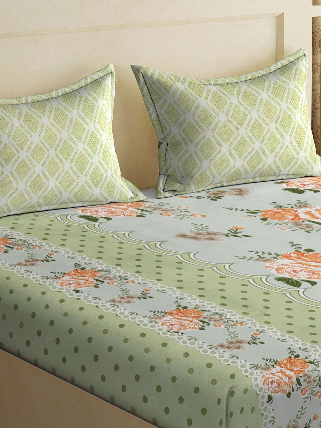 KLOTTHE Green & Orange Colored Printed 300TC King Double Bedsheets with 2 pillow cover