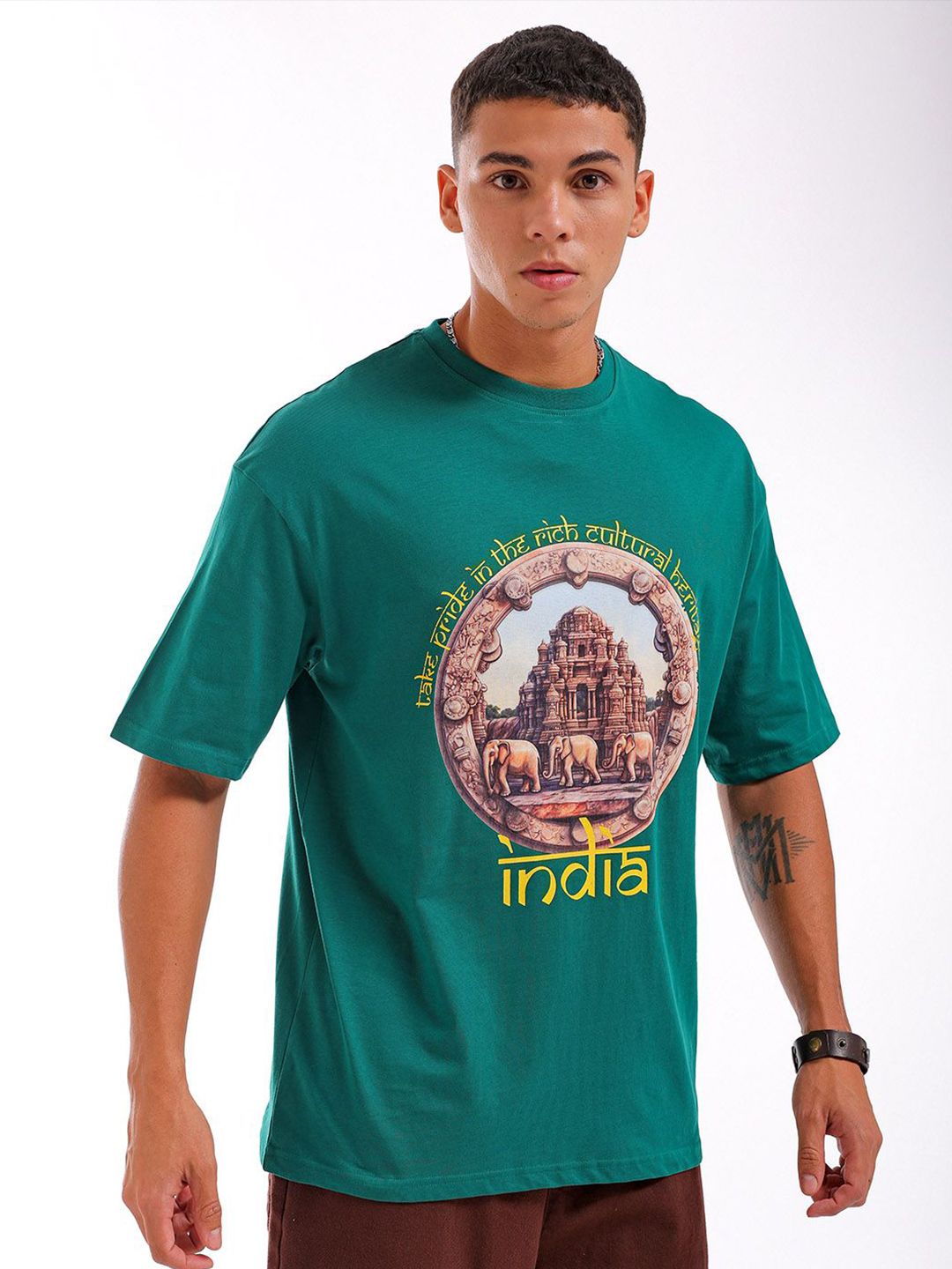 The Indian Garage Co Pure Cotton Typography Printed Boxy Oversized Round Neck T-shirt