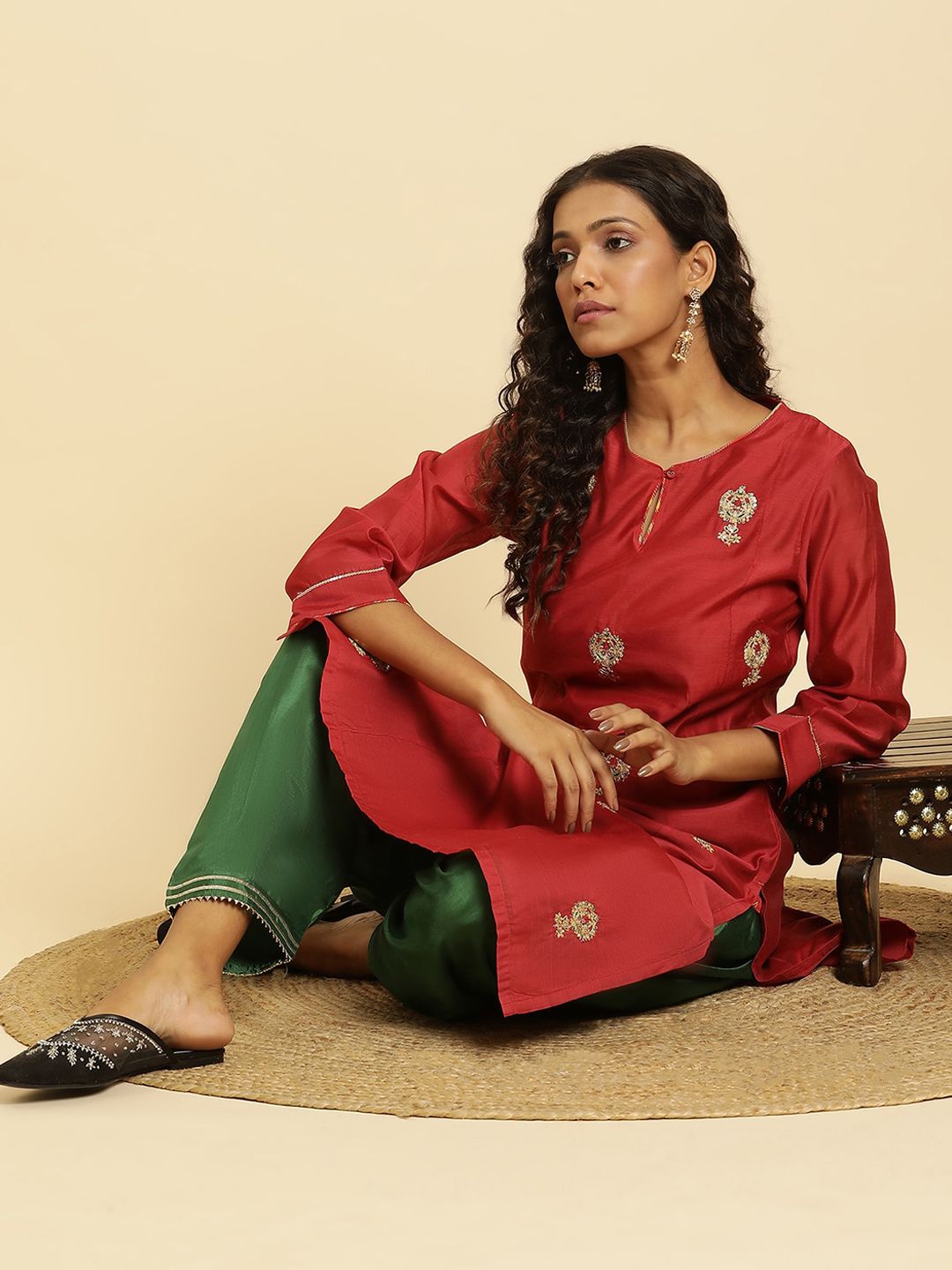W Festive Solid Rayon Straight Kurta
