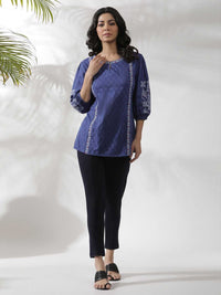 W Blue & White Geometric Printed Keyhole Neck Cotton A Line Top