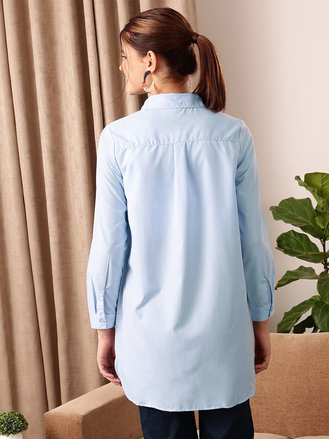STREET 9 Blue Comfort Spread Collar Cotton Longline Oversized Casual Shirt