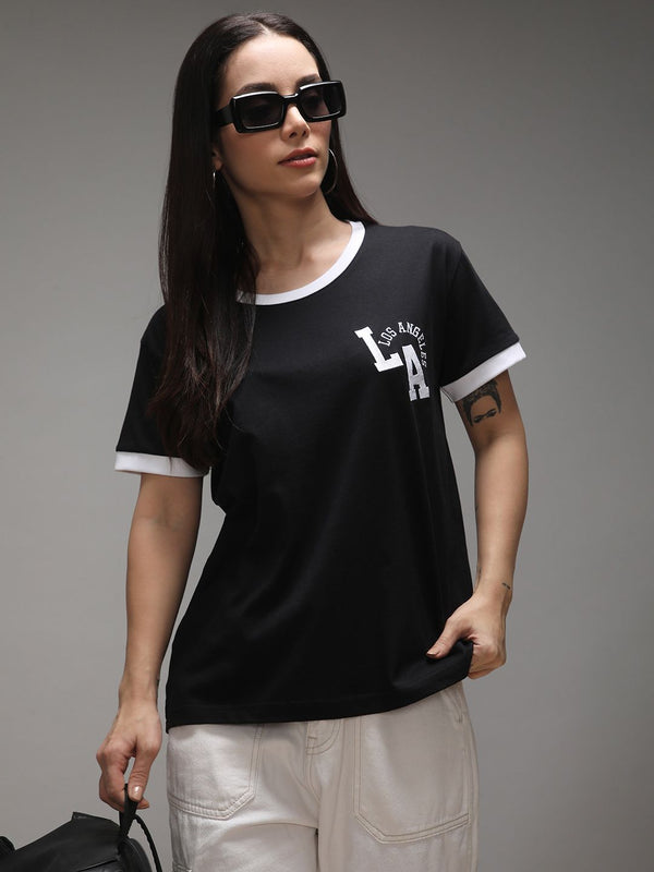 DILLINGER Women Short Sleeve Boxy Regular Varsity Embroidery Tshirt