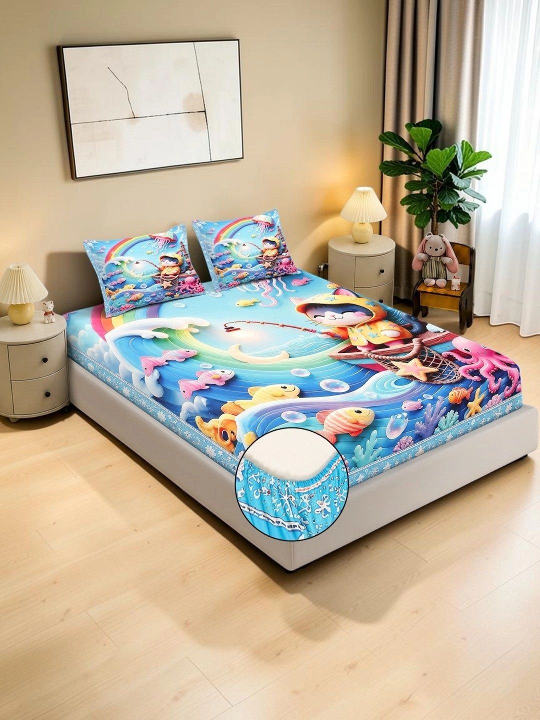 KLOTTHE Blue Cartoon Characters 400 TC King Bedsheet with 2 Pillow Covers