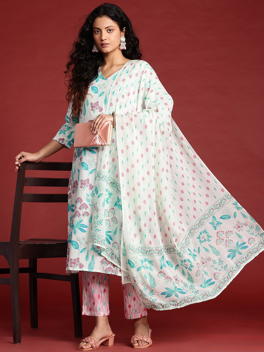 Anouk Ethnic Motifs Printed Cotton Kurta with Trousers & With Dupatta