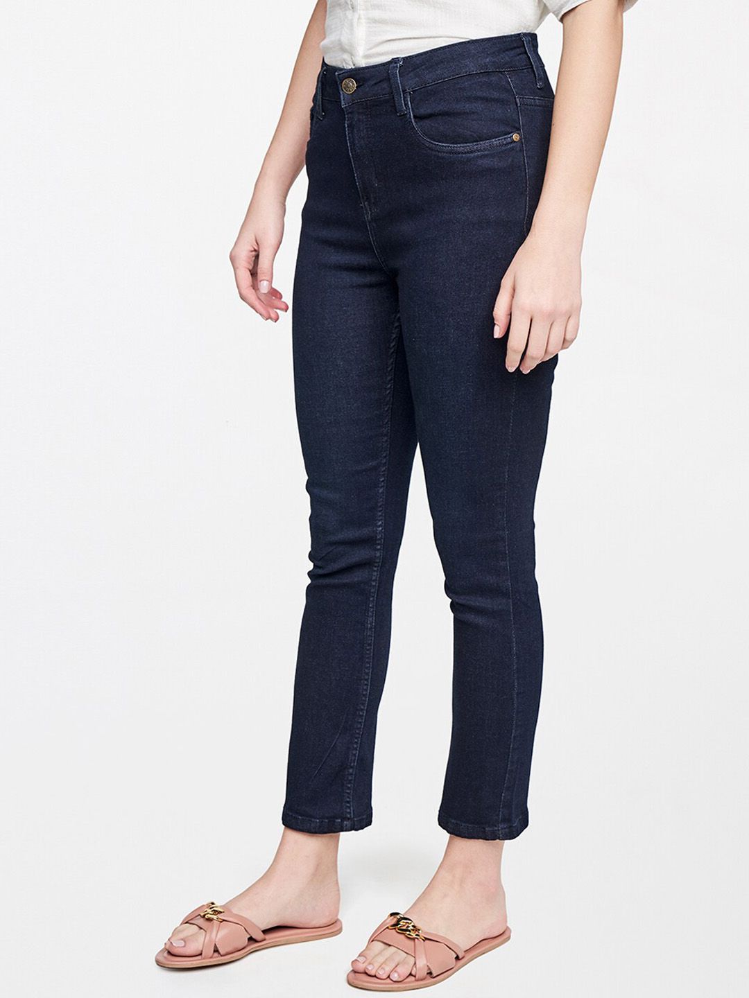 AND Women Blue Solid Straight Cropped Fit Trousers