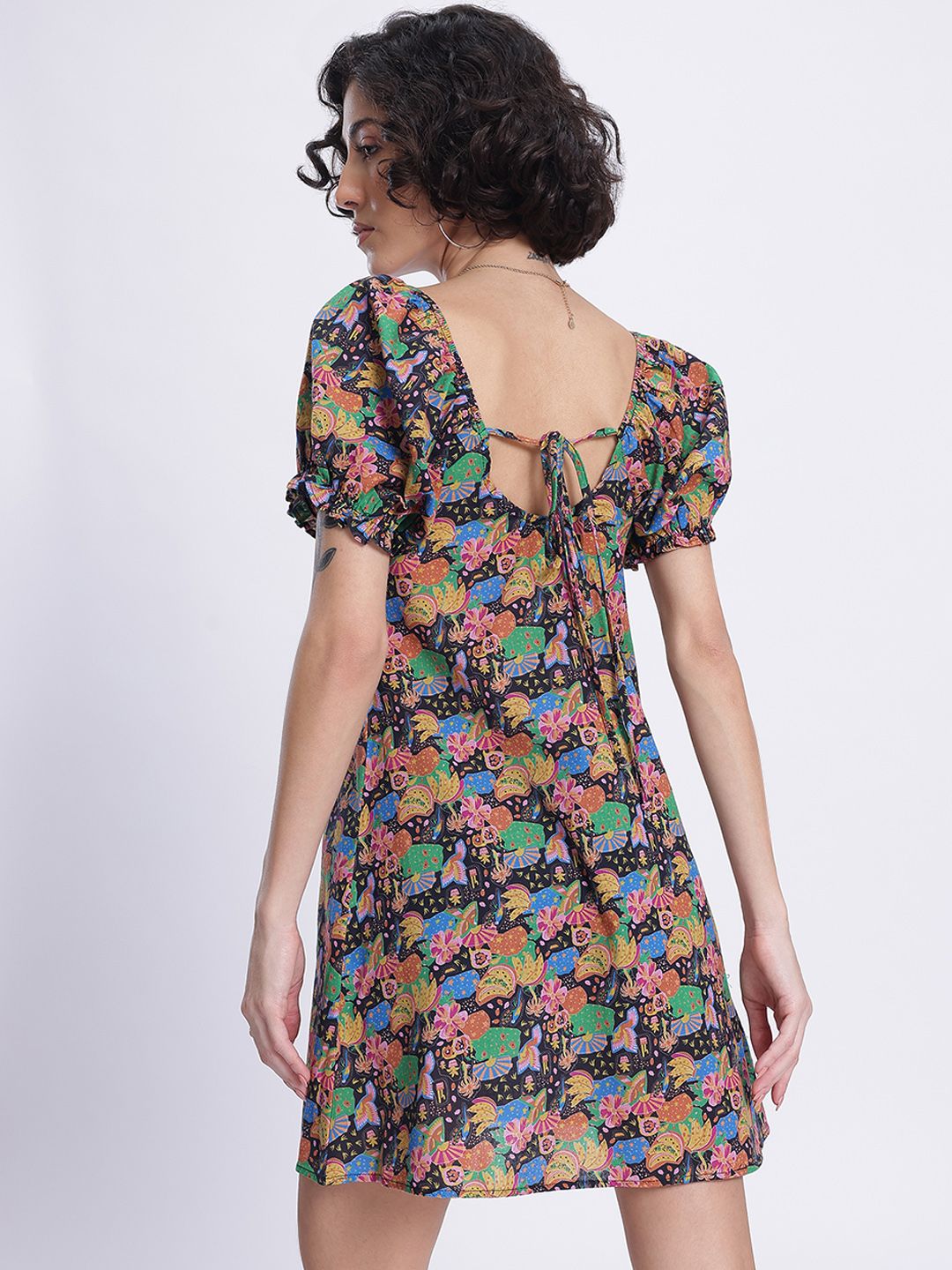 DressBerry Indie Vibe Printed Tie-Up Back A-Line Mini Dress