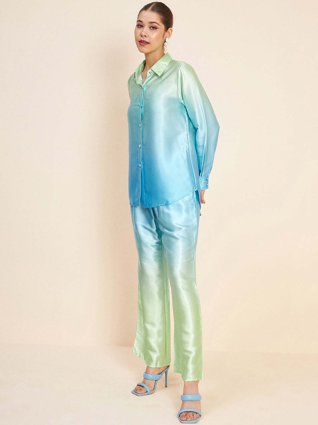 Antheaa Blue Ombre Printed Shirt Collar Long Sleeve Co-Ords