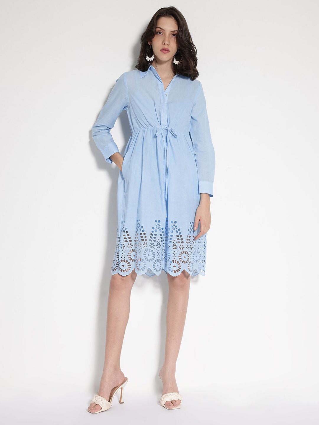 RAREISM Shirt Collar Cuffed Sleeves Cotton Fit & Flare Dress
