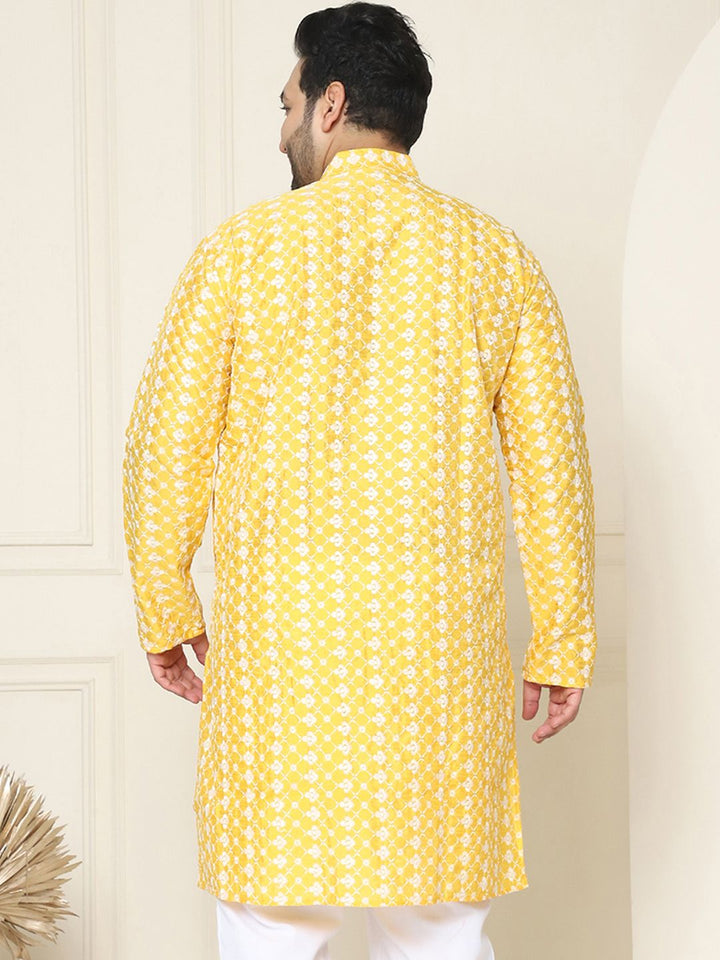 SOJANYA PLUS Lelaki Sawi Kuning & Putih Chikankari Sulam Kurta