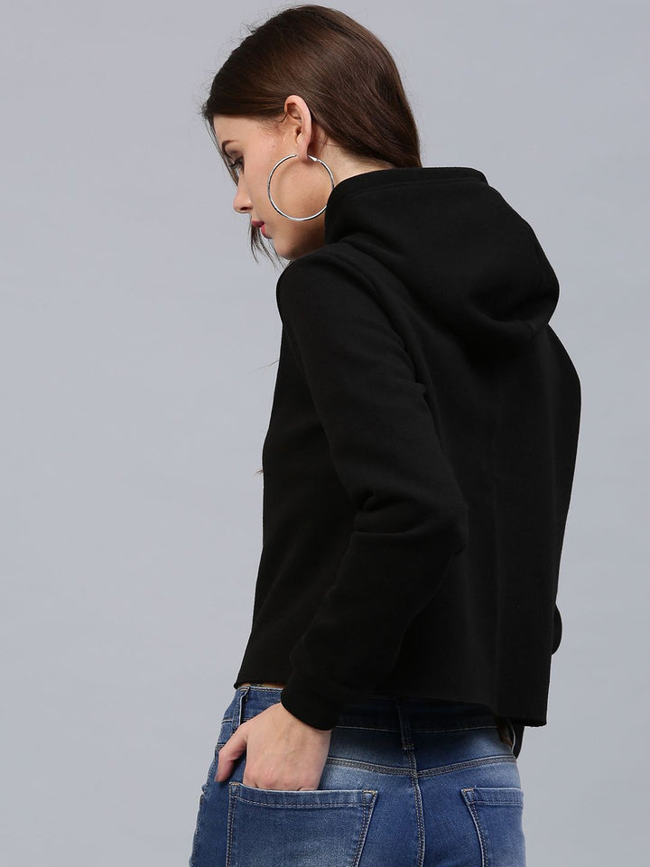 SASSAFRAS Women Black Printed Detail Hooded Crop Sweatshirt