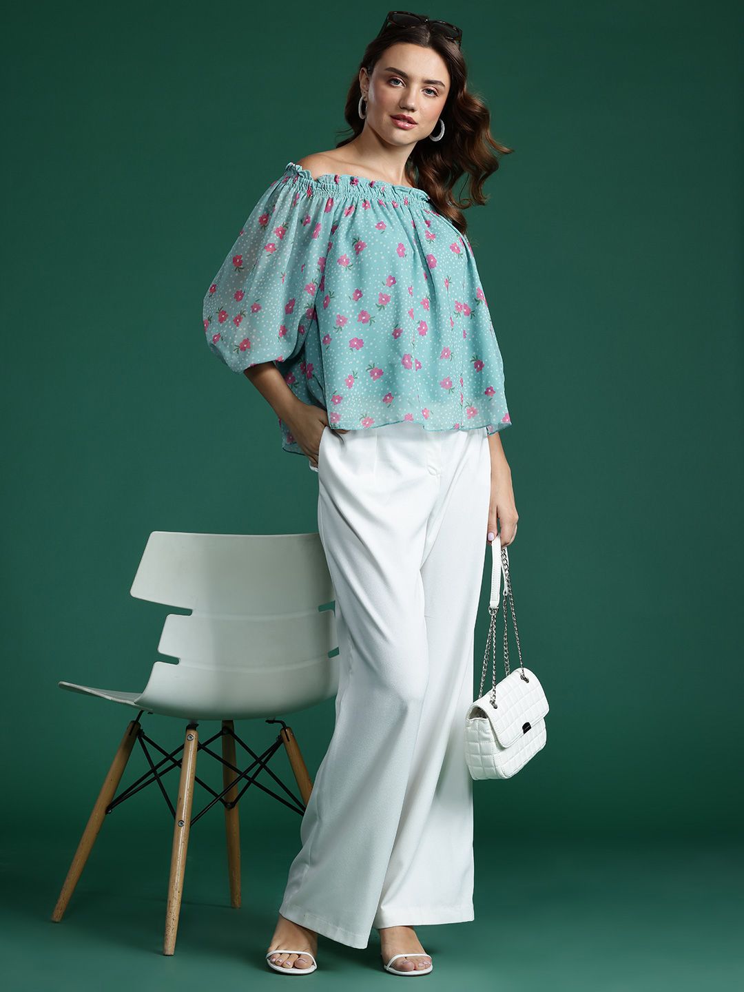 DressBerry Floral Print Off-Shoulder Puff Sleeve Bardot Top