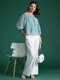 DressBerry Floral Print Off-Shoulder Puff Sleeve Bardot Top