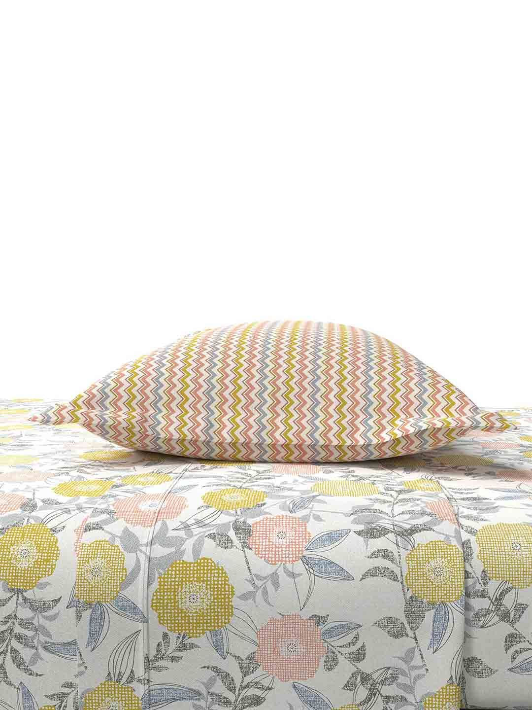 MYTRIDENT Doodle Flora Peach Flat 144TC Queen Cotton Bedsheet Set
