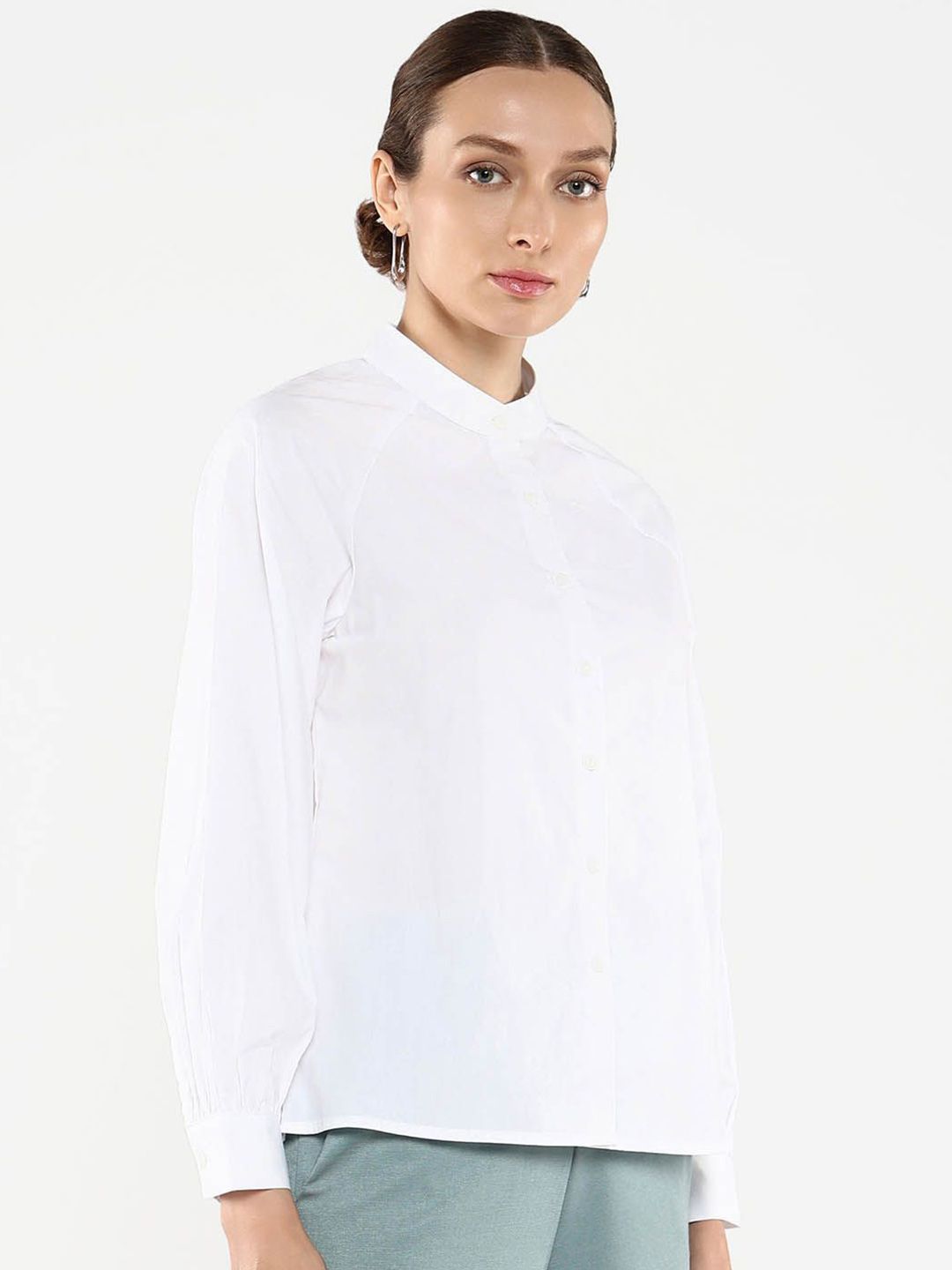 Rareism Women Mandarin Collar Cotton Shirt Style Top