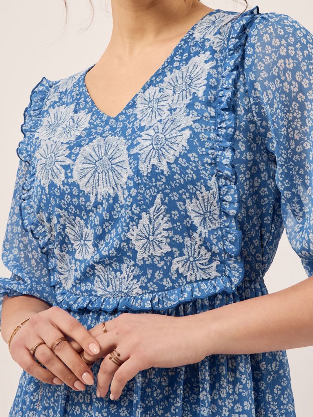 Antheaa Floral Printed Embroidered Puff Sleeve Chiffon Fit & Flare Tiered Midi Dress