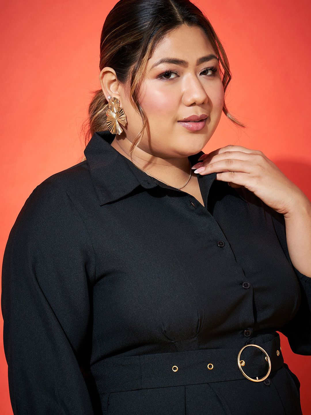 SASSAFRAS Curve Plus Size Black Shirt Style Midi Dress