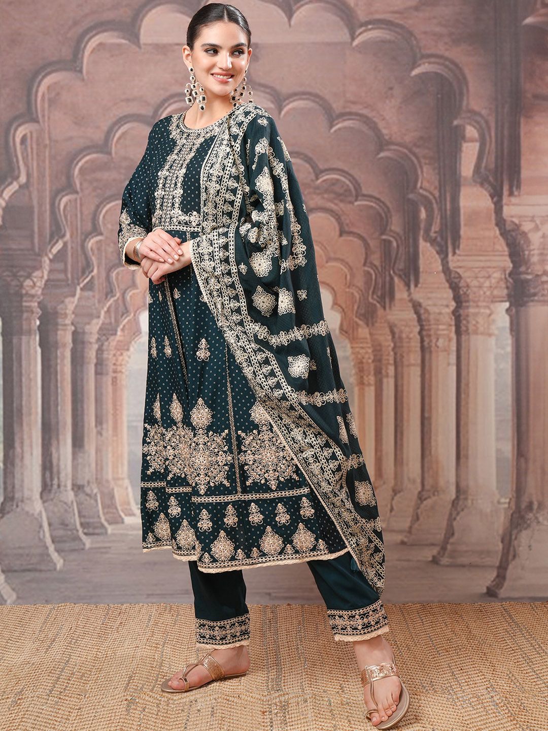 Vishudh Green Embroidered Regular Kurta with Trousers & Dupatta